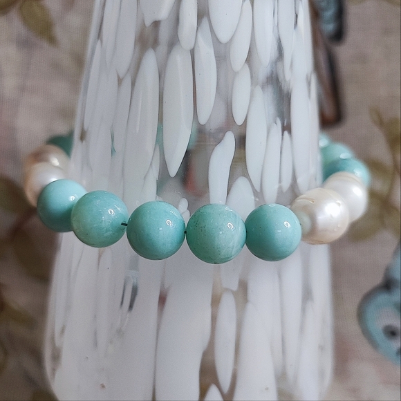 Amazonite Stone Potato Pearls Sterling Clasp Wired Artisan Bracelet - Picture 2 of 15